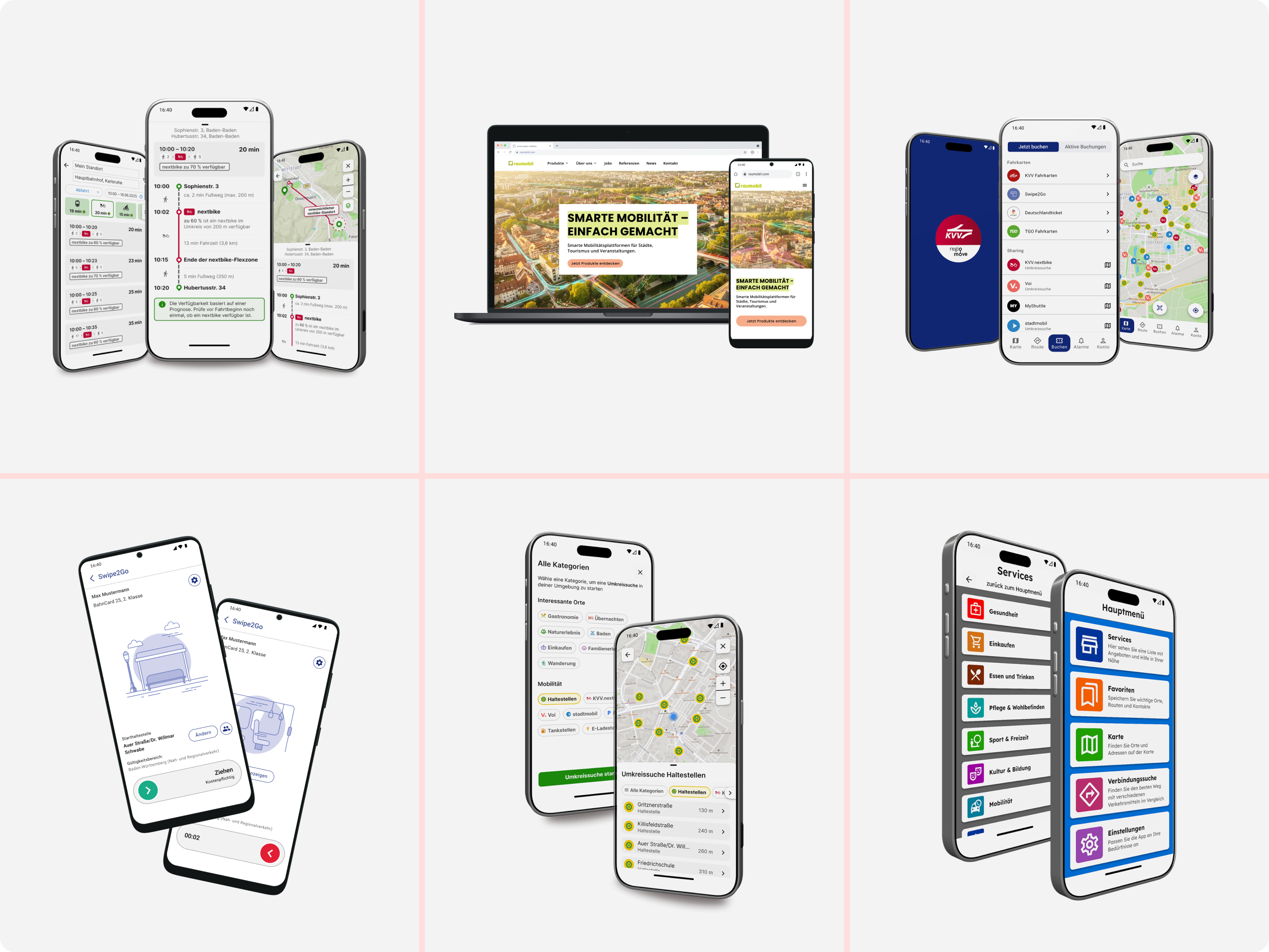 Bildcollage ausgewählter Projekte: Farbsystem, Website-Darstellung auf Laptop und Smartphone, App-Screens für Ticketing und Serviceübersicht